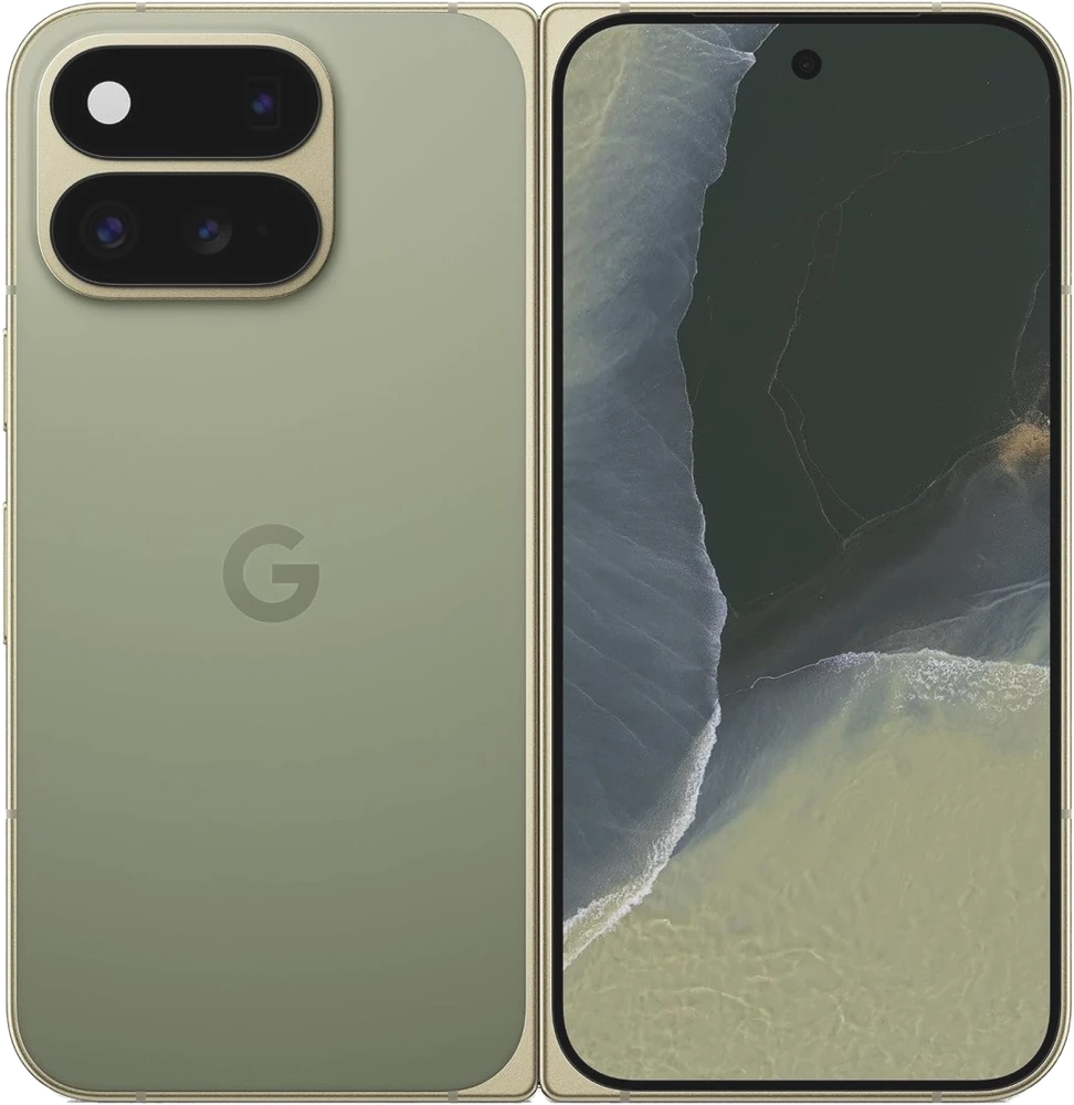 Google Pixel 11 Pro Fold Olive, fermé, de dos et de face