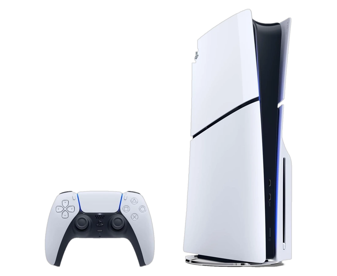 PlayStation 5 Slim a l'horizontale avec sa manette DualSense