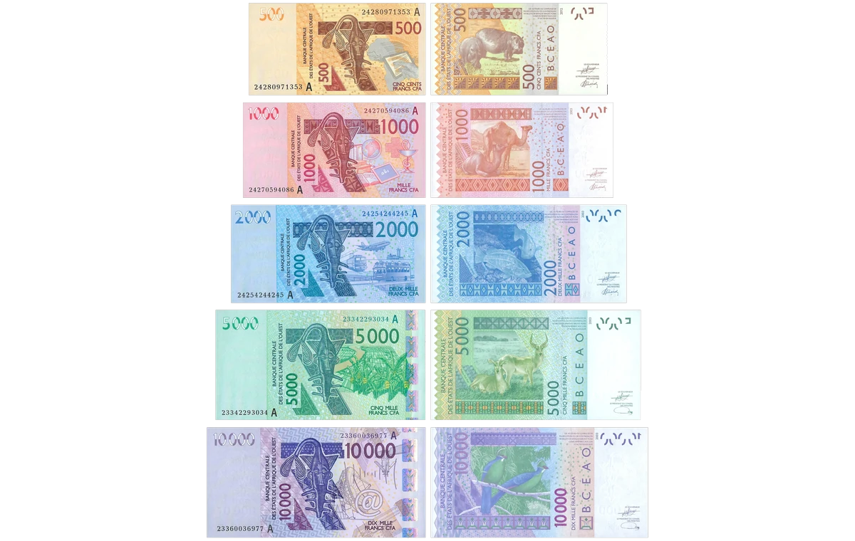 Billets en francs CFA, de 500 à 10 000 F