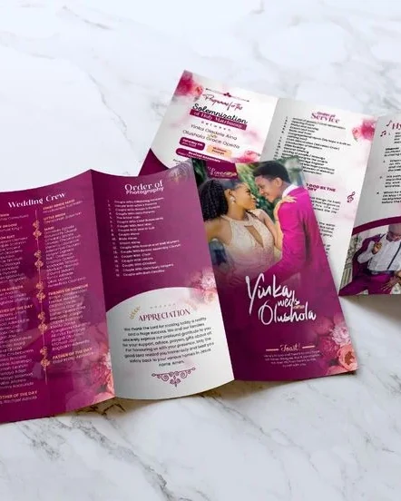 Programme de mariage en tri-volet, imprimé en couleur